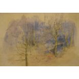 Watercolour study of wooded landscape signed 'TY', together with soft point etching of horse jumping