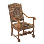 'William and Mary' style walnut open armchair, tapestry back and seat