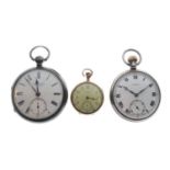 Two silver pocket watches and Waltham gold-plated fob watch