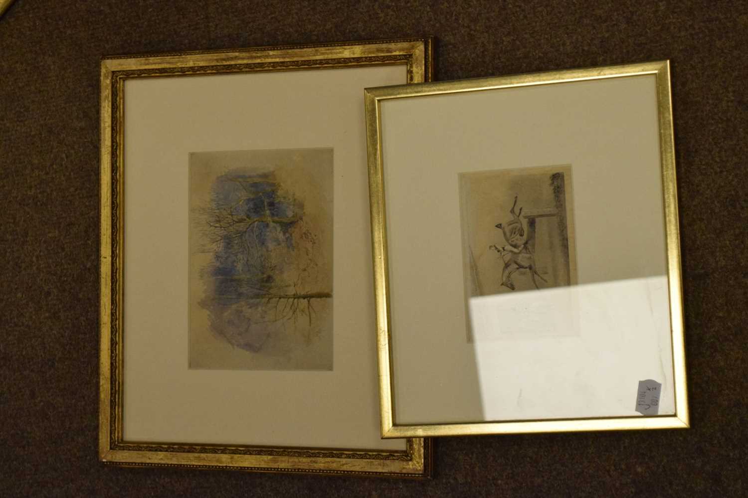 Watercolour study of wooded landscape signed 'TY', together with soft point etching of horse jumping - Image 4 of 5