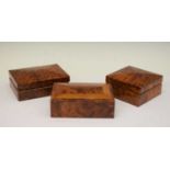 Burr walnut rectangular table-top box and two other boxes