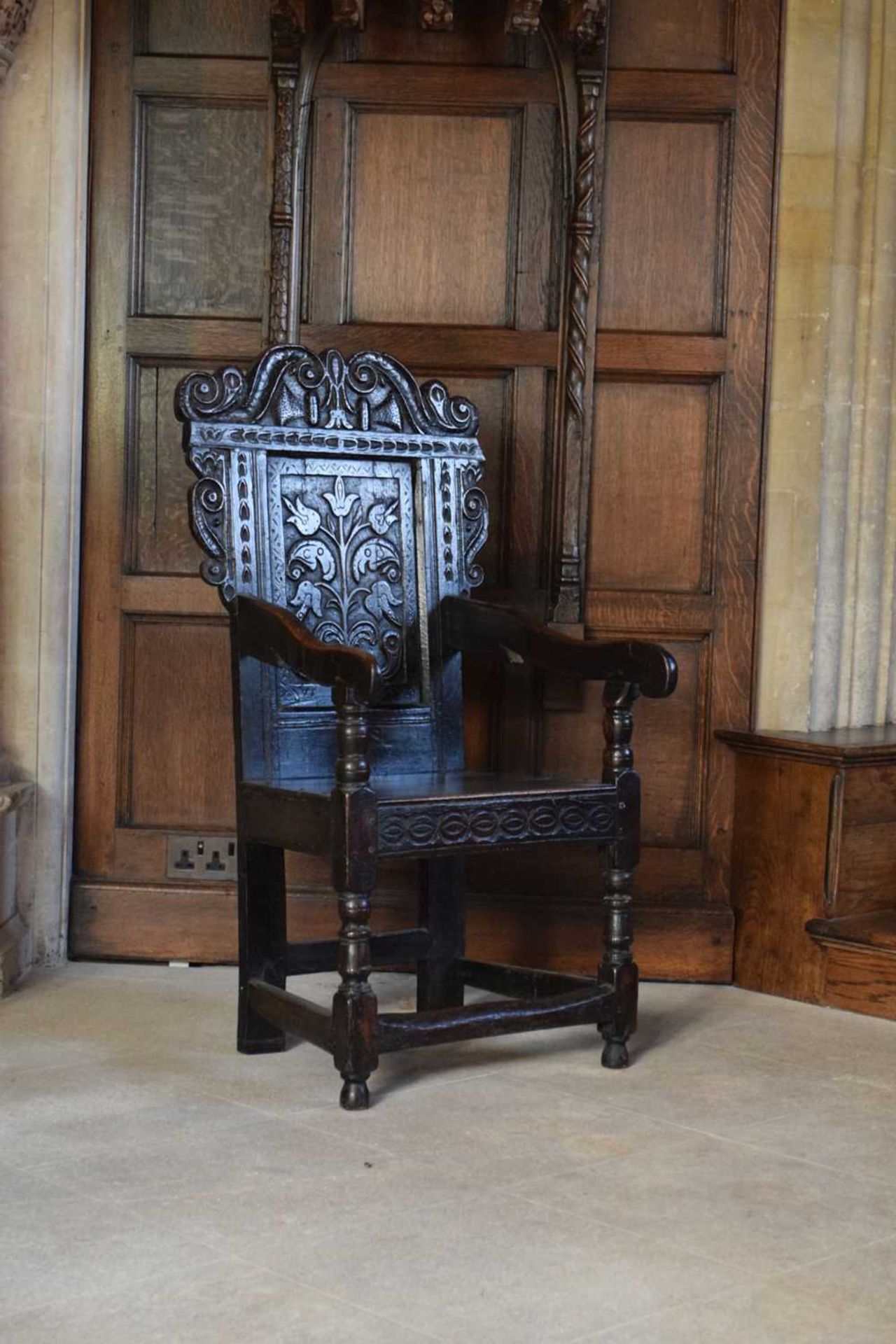 Charles II oak panel-back open armchair - Image 20 of 21