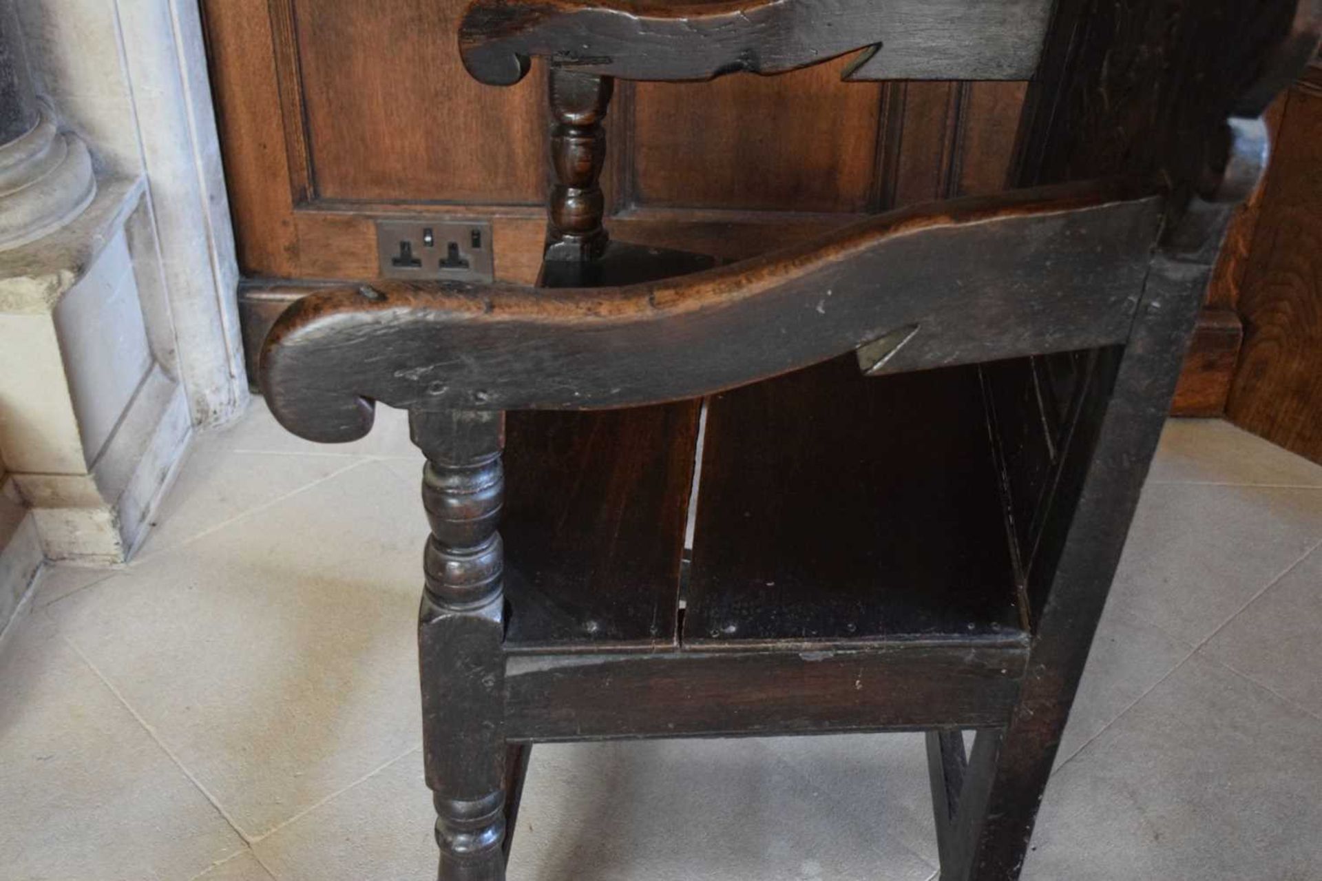 Charles II oak panel-back open armchair - Image 14 of 21