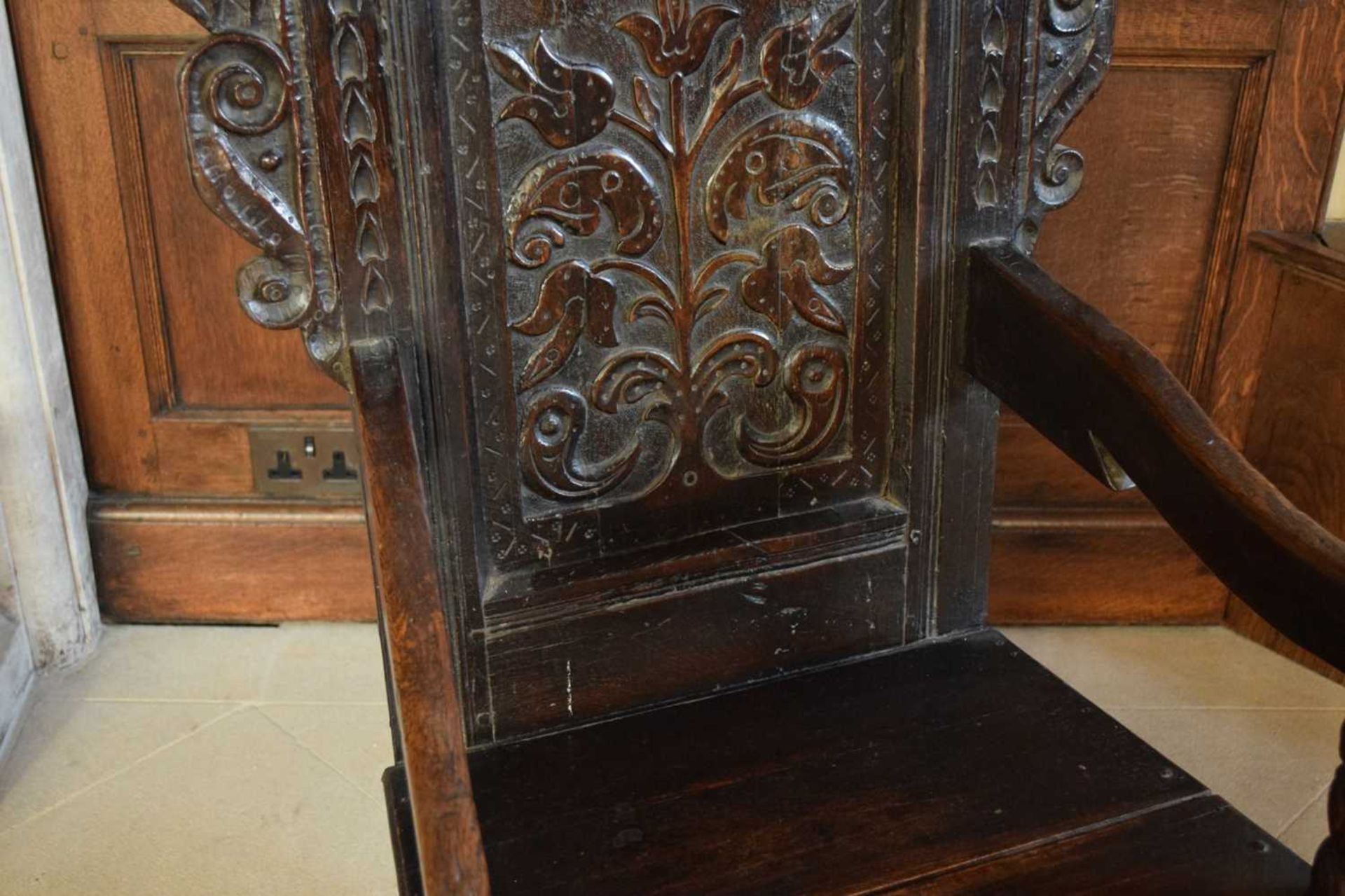 Charles II oak panel-back open armchair - Image 4 of 21