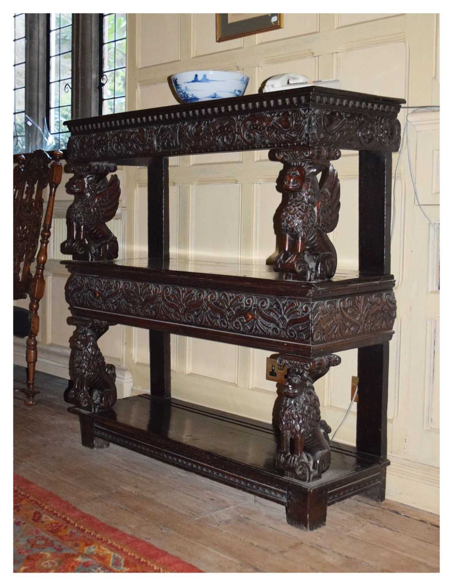 Charles I carved oak three-tier open ‘court cupboard’ or buffet