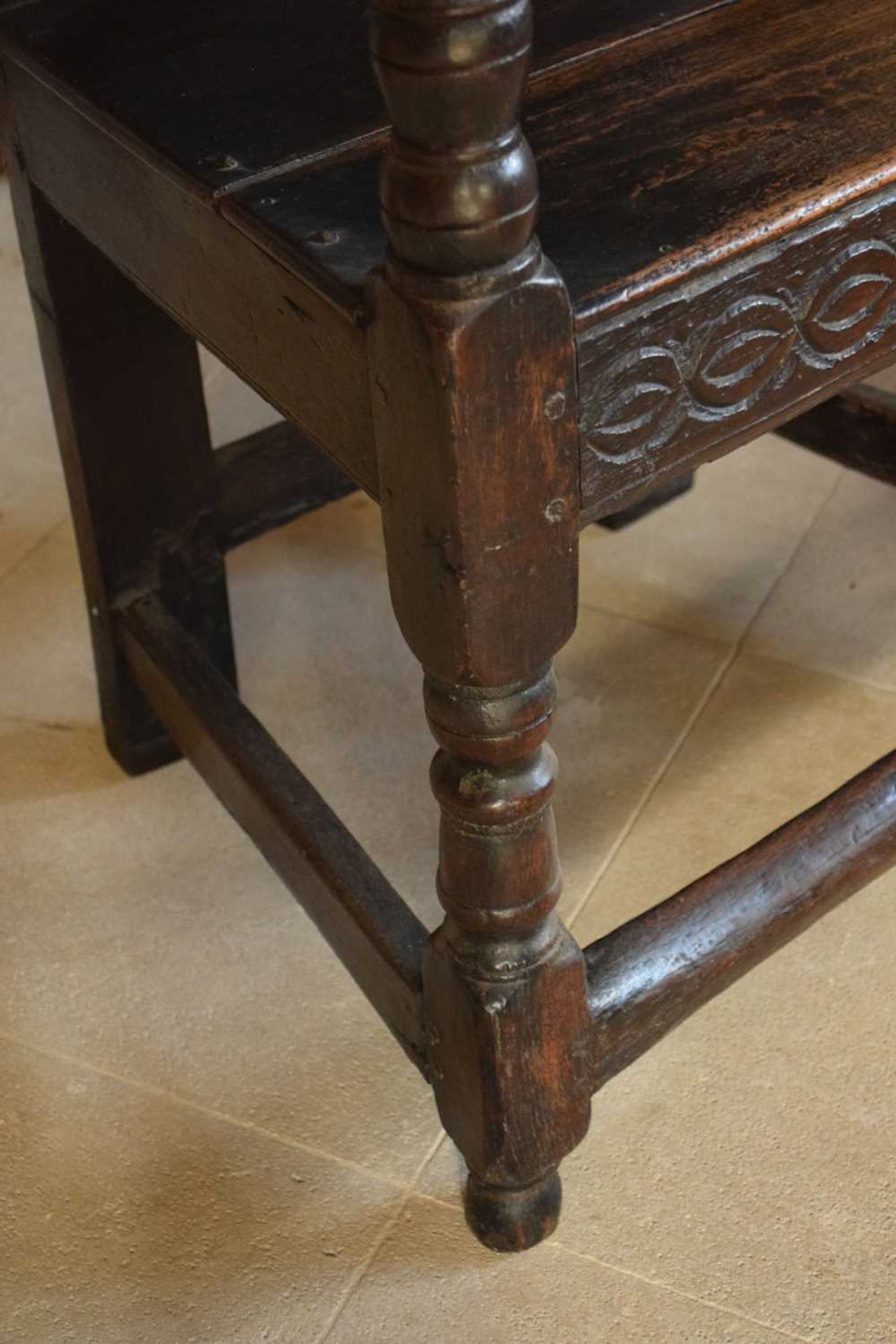 Charles II oak panel-back open armchair - Image 6 of 21