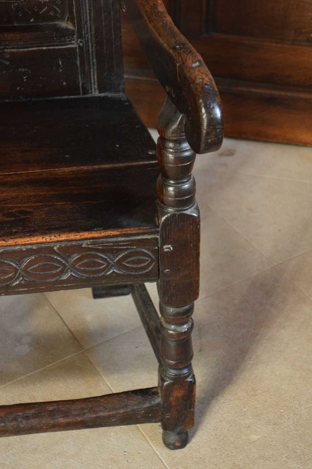 Charles II oak panel-back open armchair - Image 8 of 21
