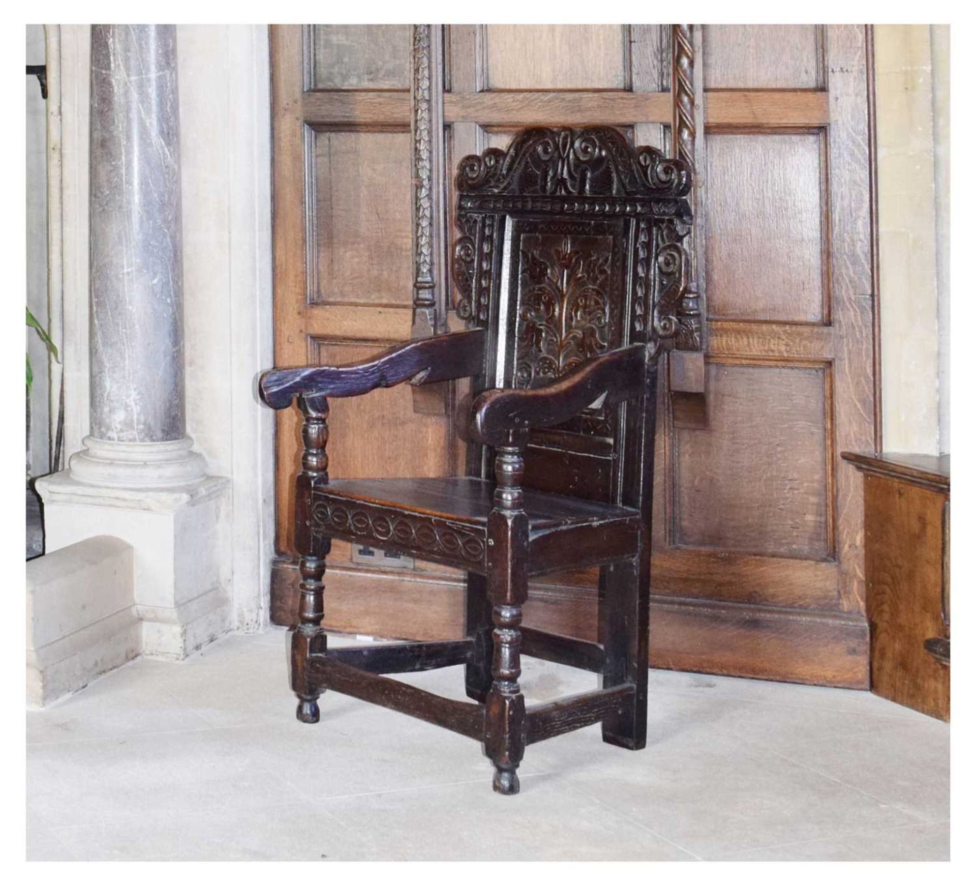 Charles II oak panel-back open armchair - Image 2 of 21