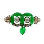 Green jade and split pearl brooch