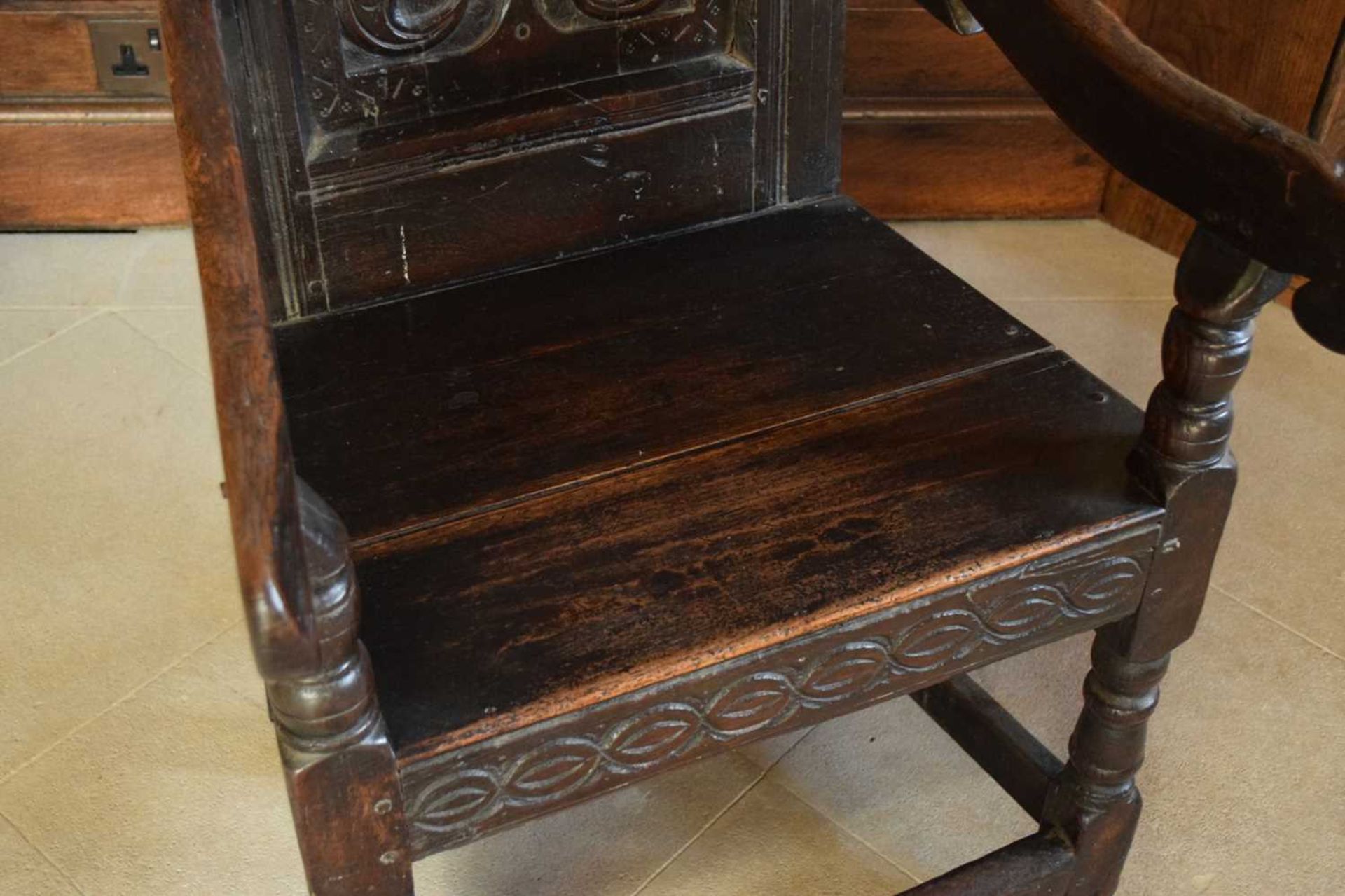 Charles II oak panel-back open armchair - Image 5 of 21