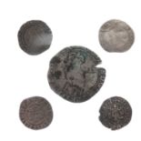 Five hammered coins to include two Elizabeth I half groats (1564 and 1575), a Charles I shilling etc