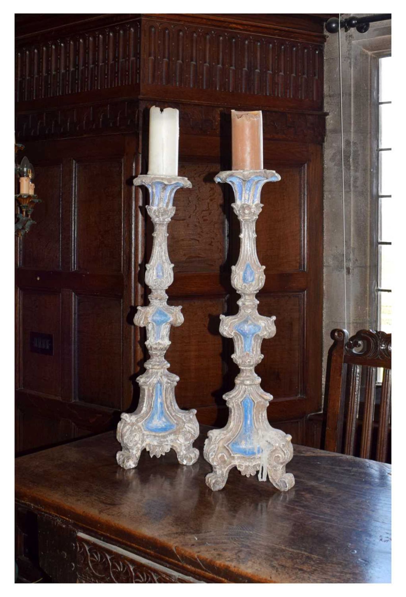 Pair of Continental painted softwood pricket candlesticks - Image 2 of 10