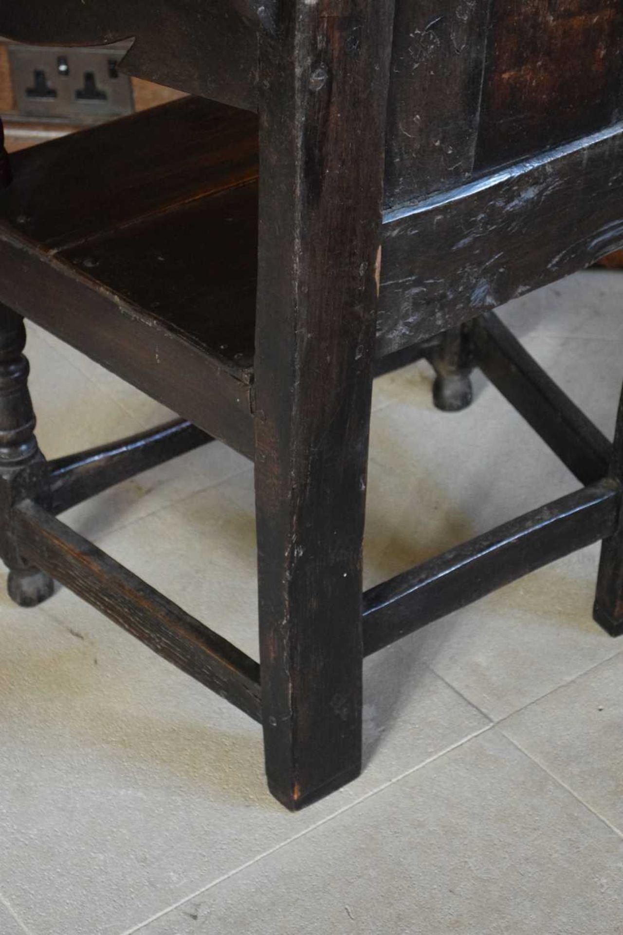 Charles II oak panel-back open armchair - Image 12 of 21