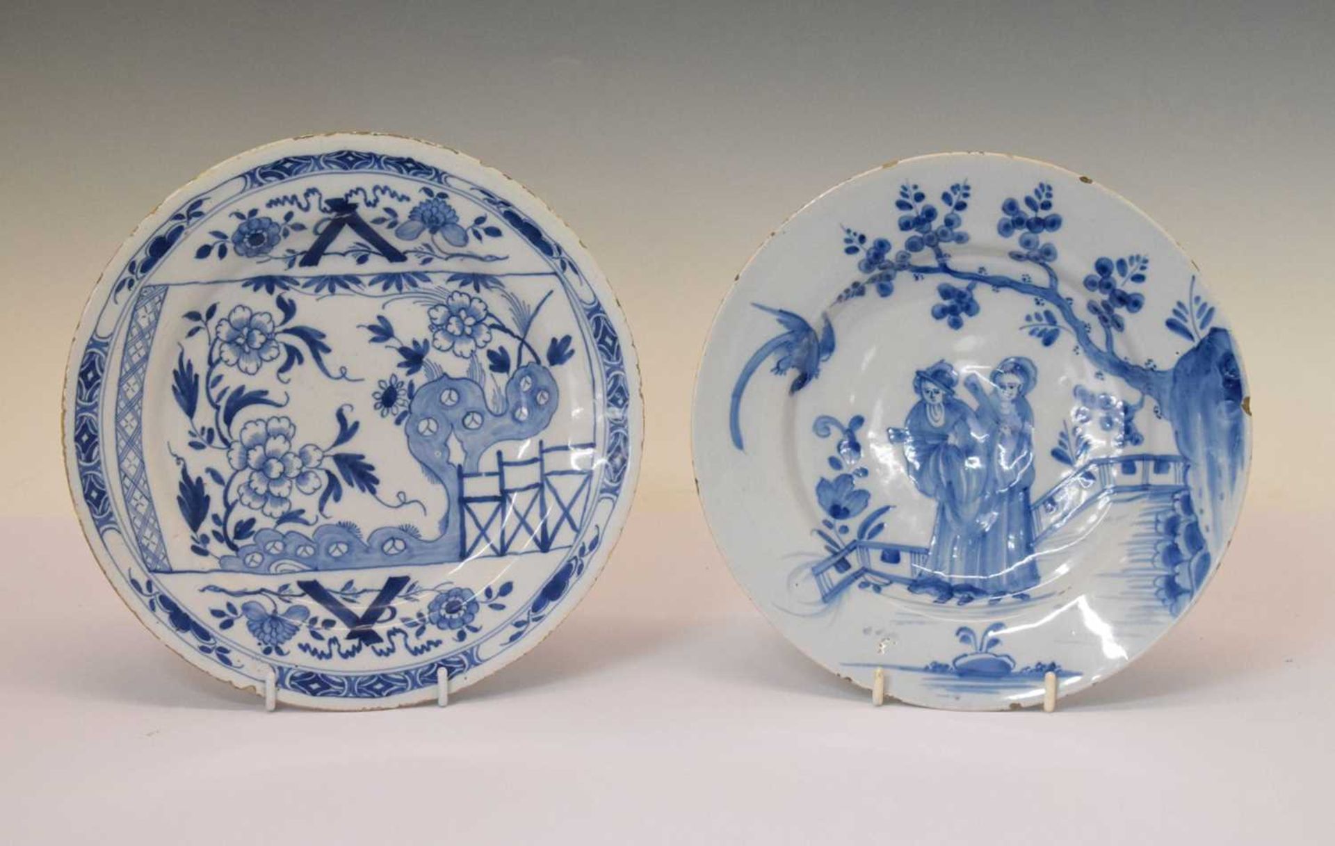 Two mid-18th Century Chinoiserie English delft plates