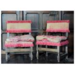 Pair of mid-17th Century oak framed and silk velvet-upholstered low chairs