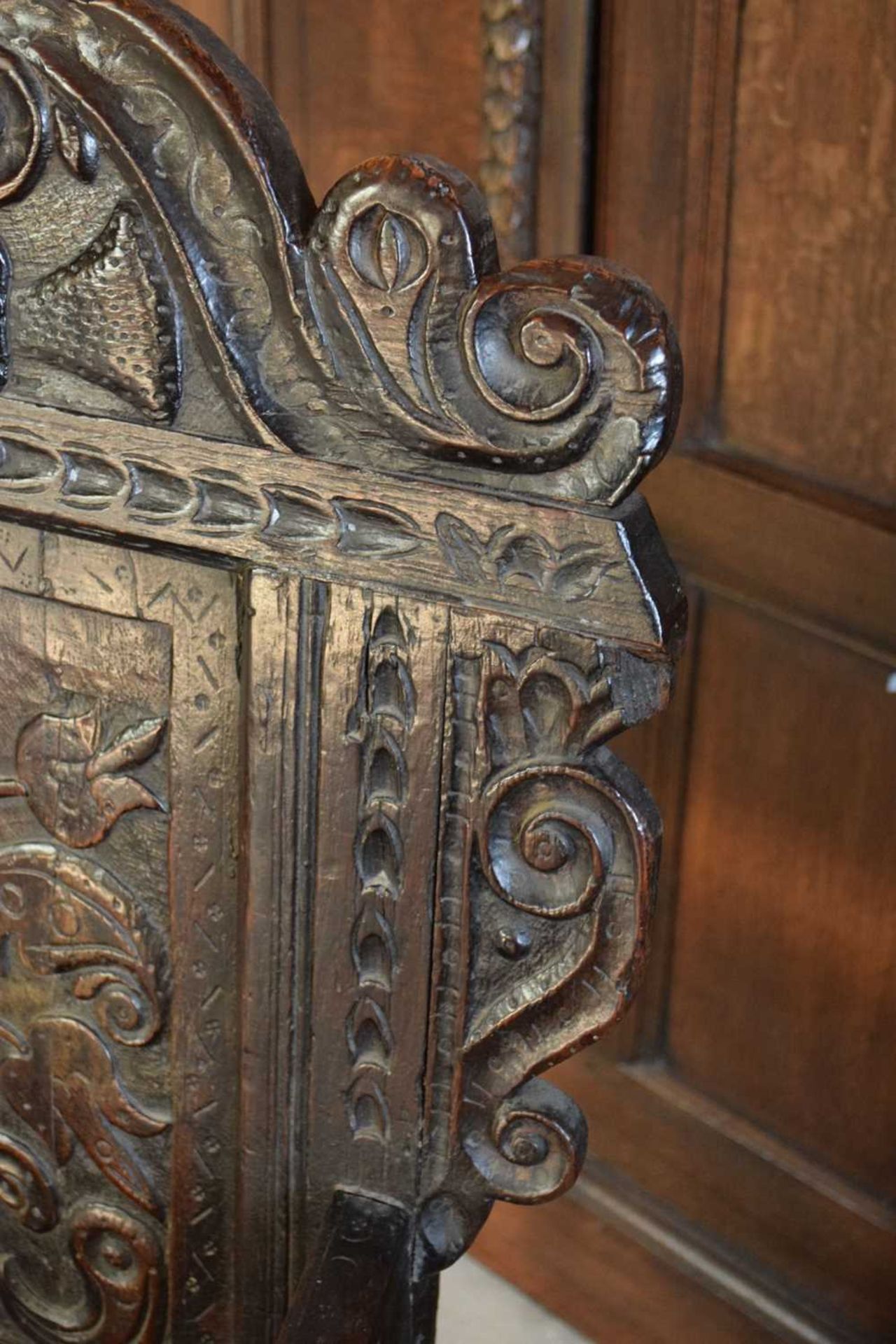 Charles II oak panel-back open armchair - Image 9 of 21