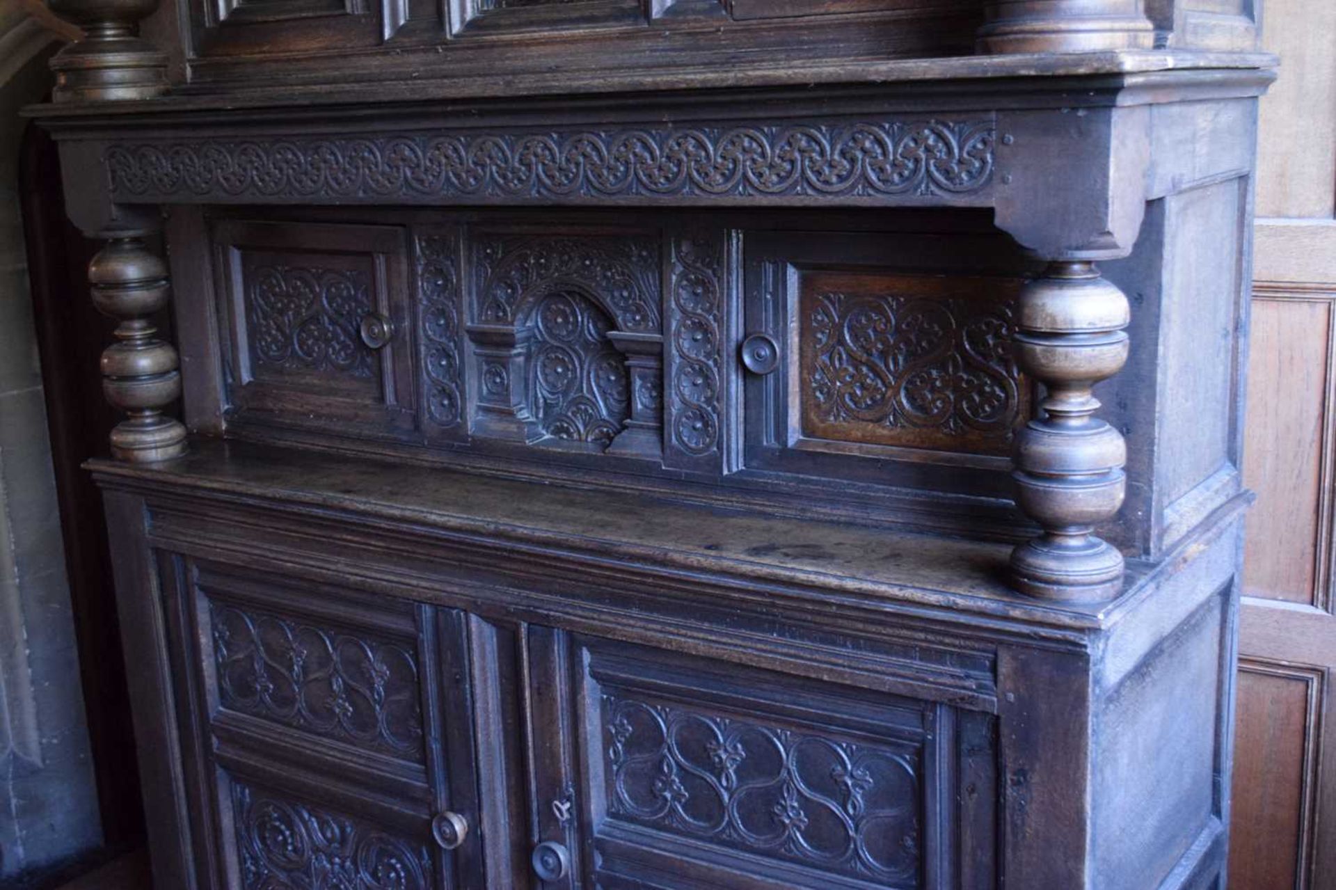 Early 17th Century English carved oak three-tier ‘court’ cupboard - Image 12 of 28