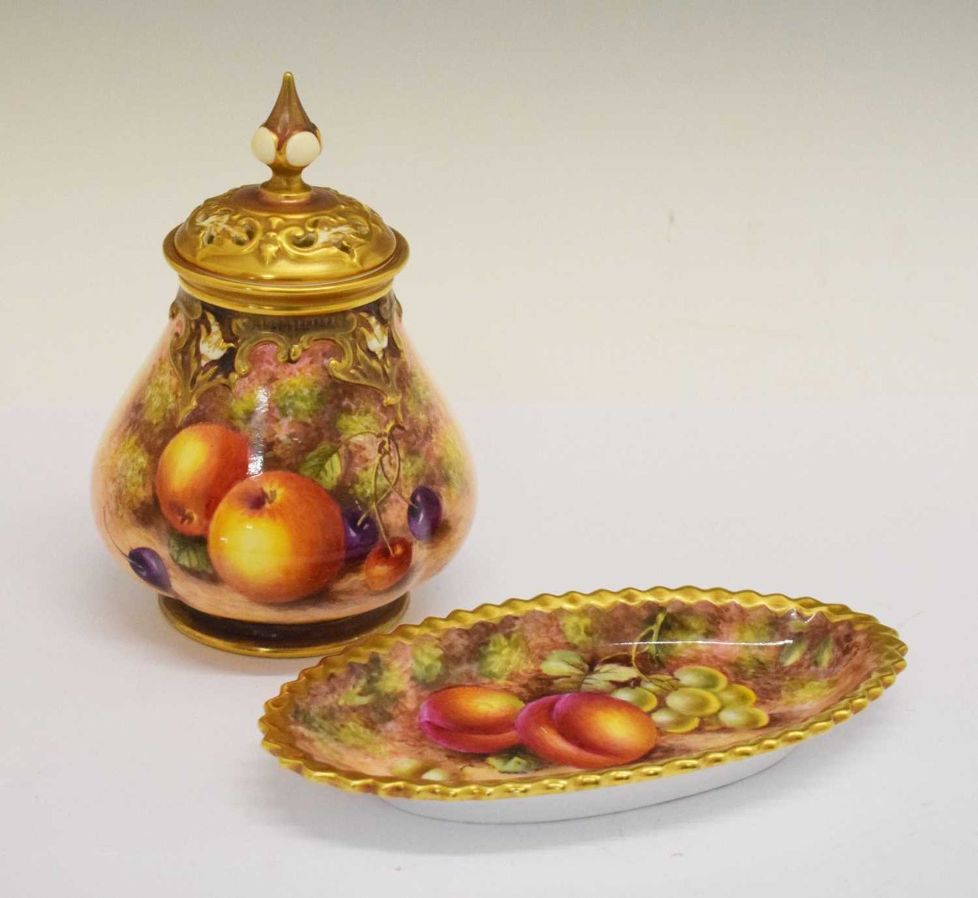 Royal Worcester fruit decorated pot pourri vase and dish