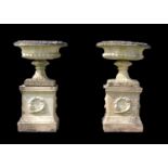 Pair of composition stone garden pedestal urns