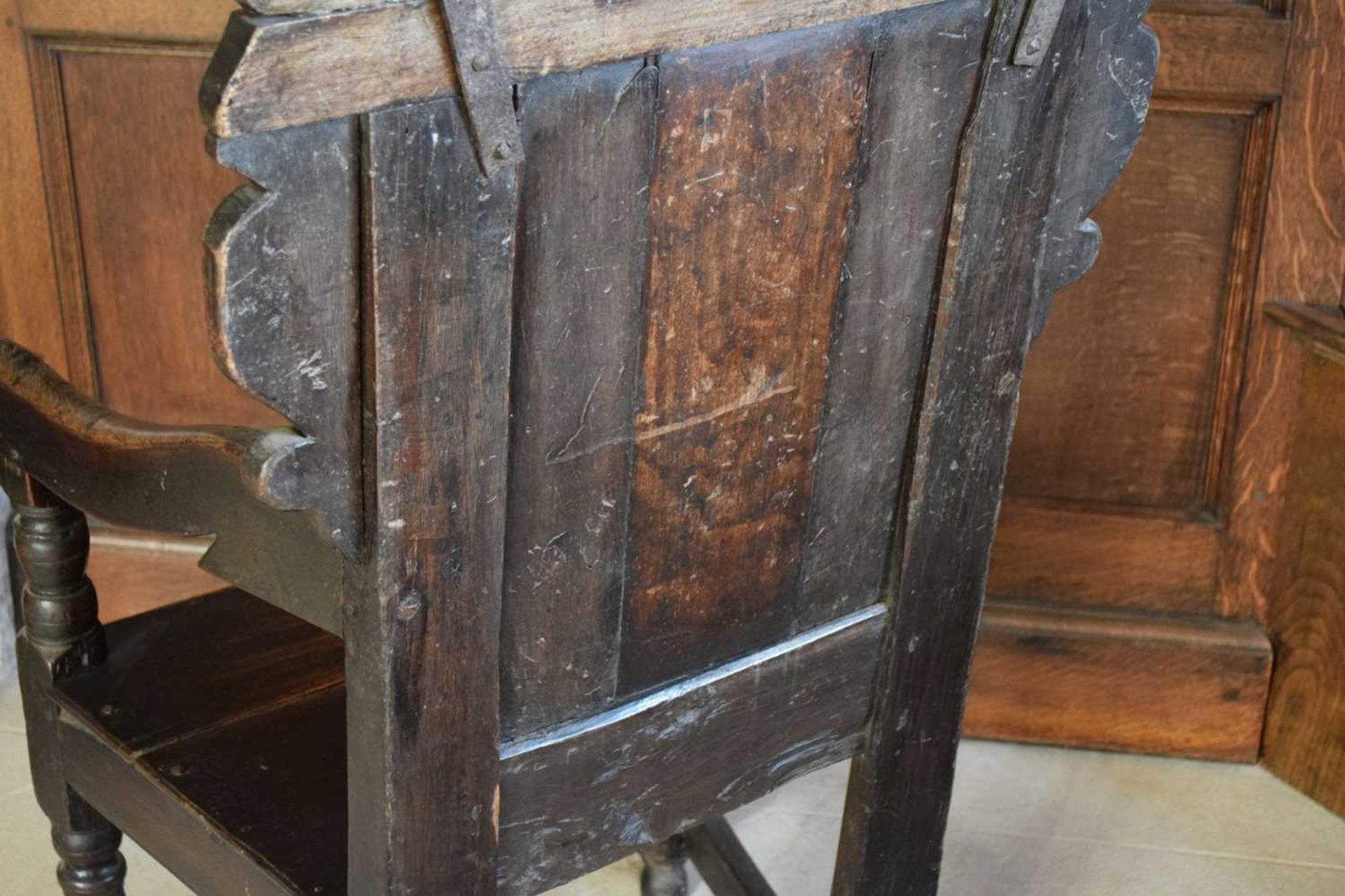 Charles II oak panel-back open armchair - Image 11 of 21