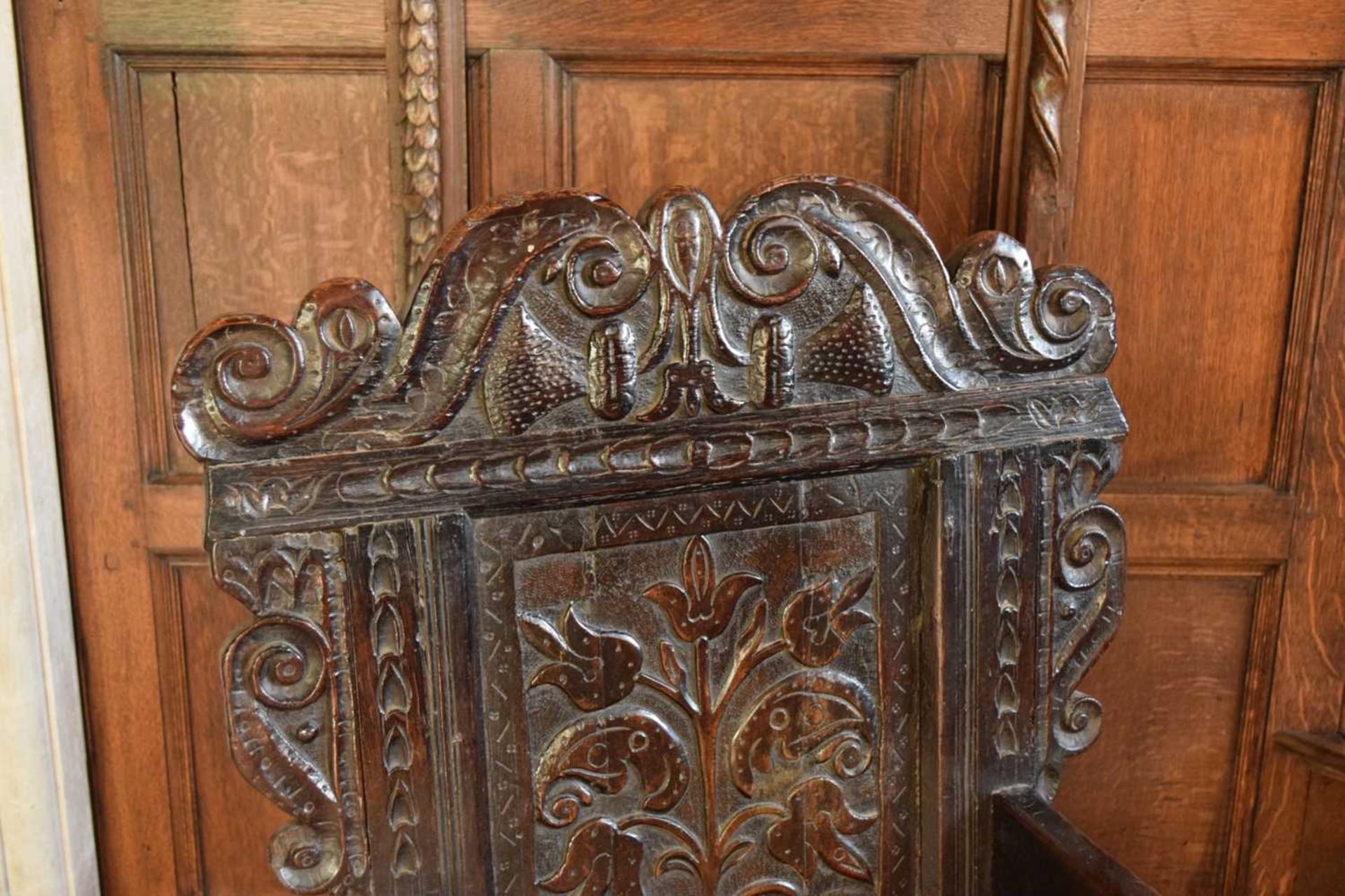 Charles II oak panel-back open armchair - Image 3 of 21