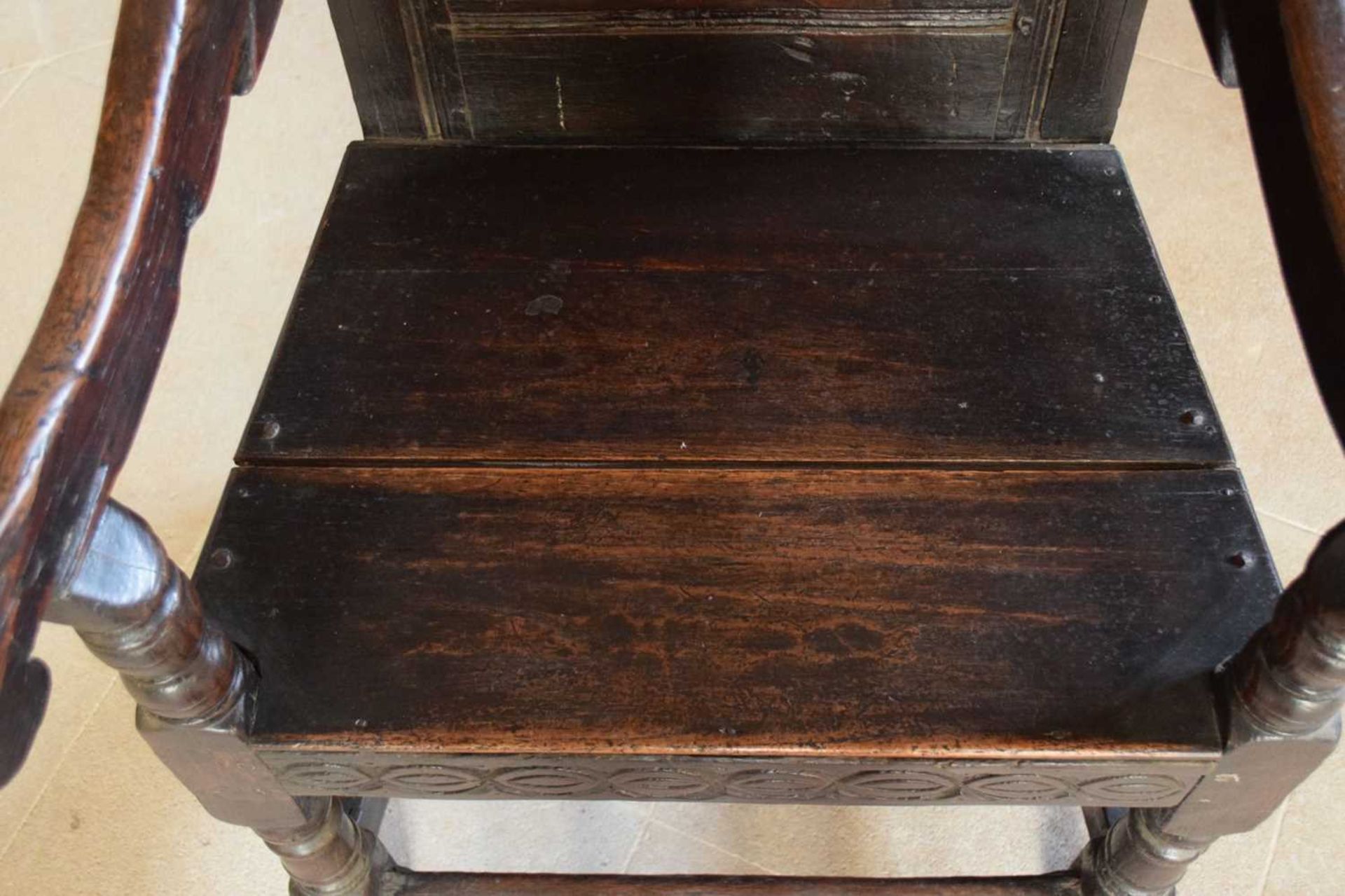 Charles II oak panel-back open armchair - Image 15 of 21
