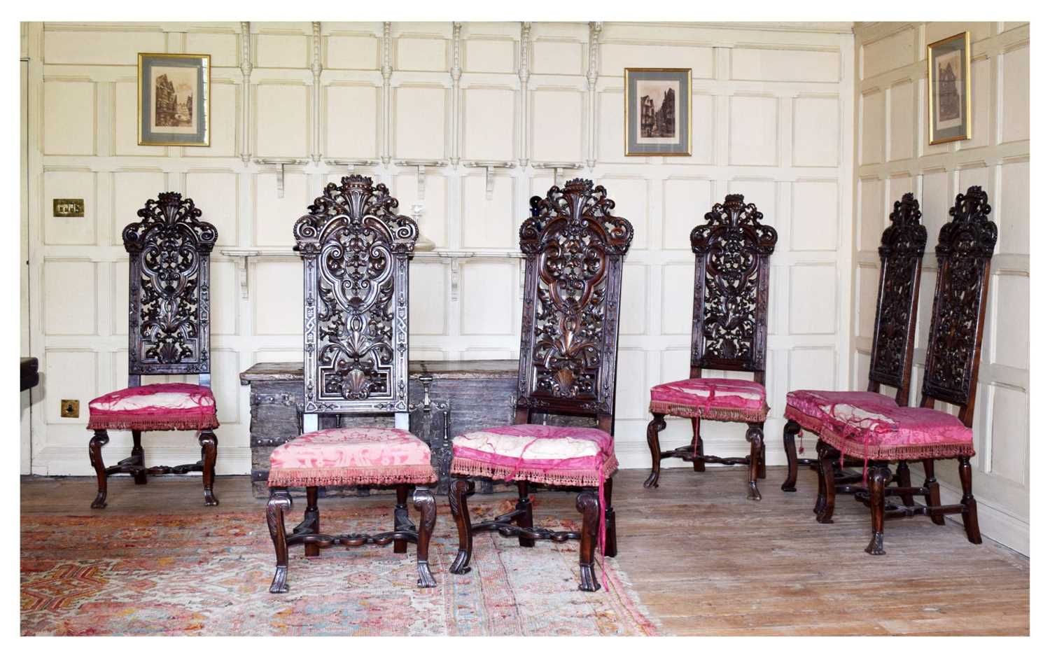 Set of six late 17th Century and later walnut high back dining chairs