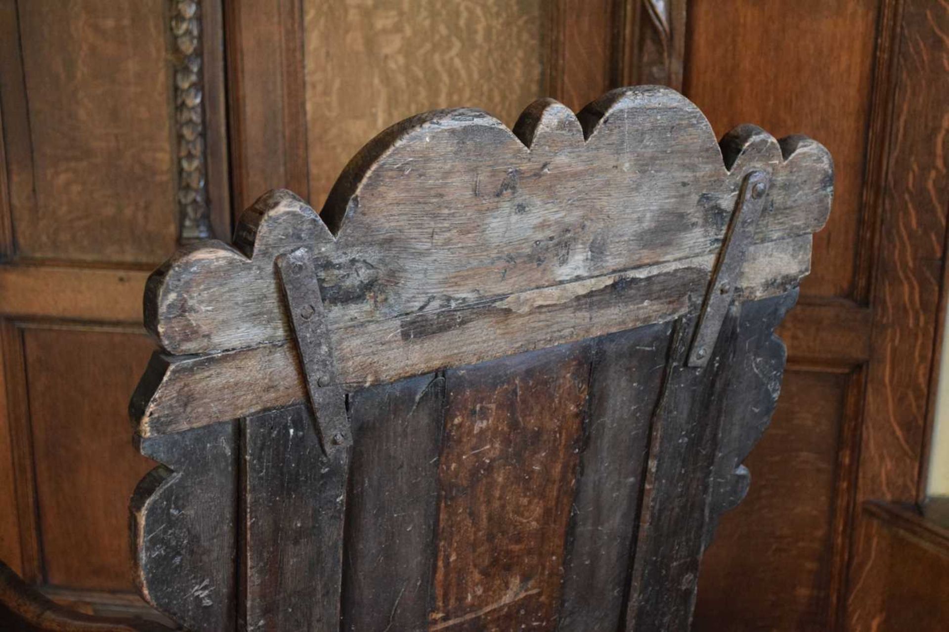 Charles II oak panel-back open armchair - Image 10 of 21
