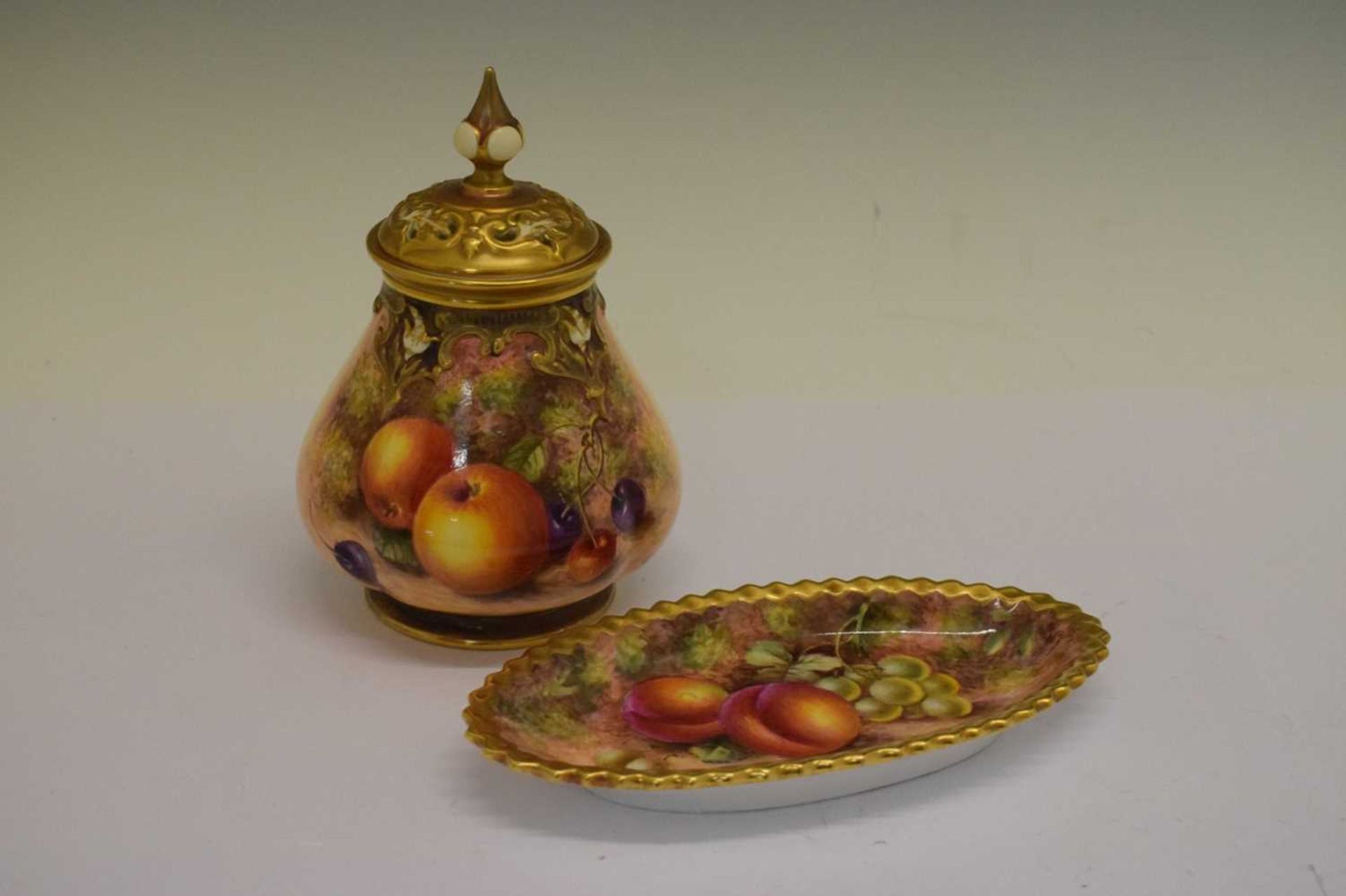 Royal Worcester fruit decorated pot pourri vase and dish - Image 5 of 13