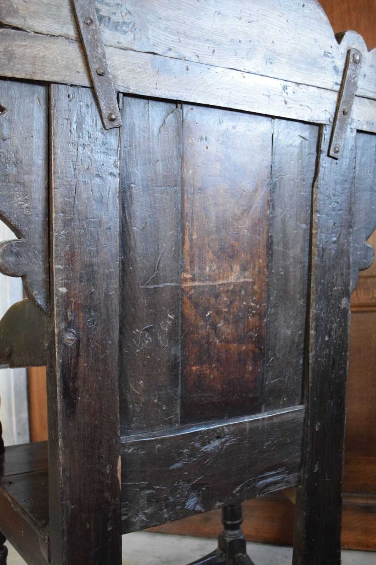 Charles II oak panel-back open armchair - Image 13 of 21