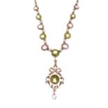 Peridot, pink tourmaline and seed pearl pendant necklace