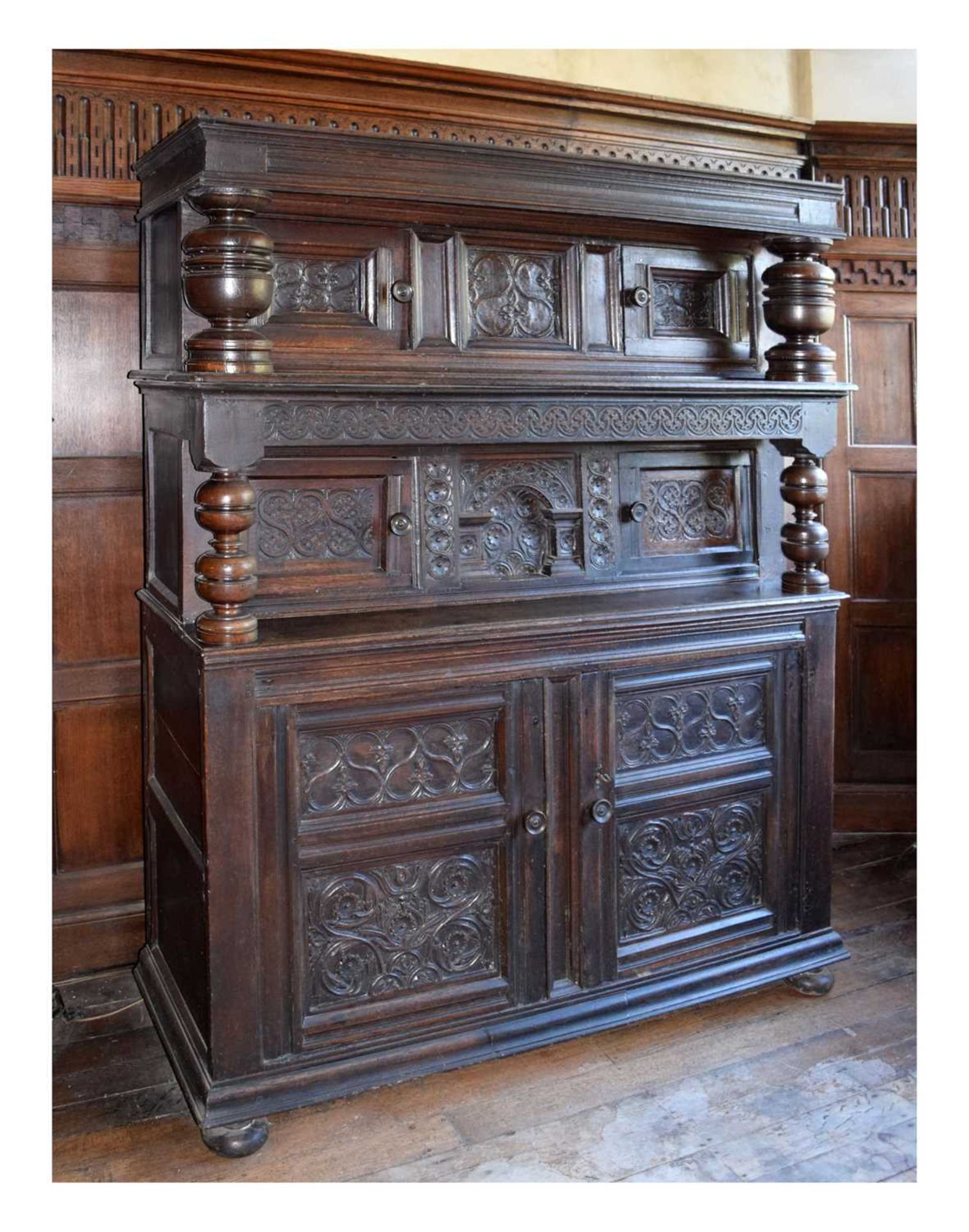 Early 17th Century English carved oak three-tier ‘court’ cupboard