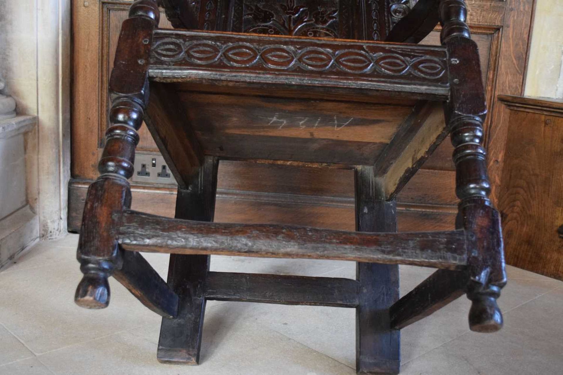 Charles II oak panel-back open armchair - Image 16 of 21