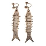 Pair of Eastern white metal articulated fish earrings