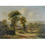 English School - Oil on canvas - Figures by a stream, a town in the distance