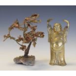 Brass figure of Hotei and Chinese hardstone tree