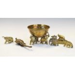 Indian brass bowl with three elephant supports, plus elephant ornaments (6)