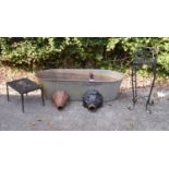 Two cast rain hoppers, galvanised tin bath, etc