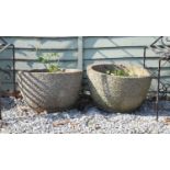 Pair of textured finished circular garden pots or planters