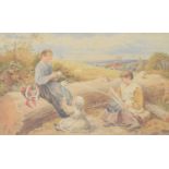 Manner of John Birket Foster - Watercolour - Children beside a log