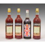 Three 1 litre bottles of Campari and a 1 litre bottle of Pimm's No1 Cup