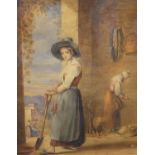 19th Century watercolour - Female gardener