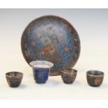 Cloisonné saucer, enamel bowl, three Chinese metal-lined cups with Buddhist motifs