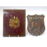 Carved armorial shield and oil on panel of a Austrian armorial crest