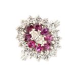 18ct white gold, ruby and vari-cut diamond cluster ring