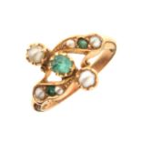 Yellow metal, emerald, and pearl dress ring