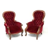 Pair of Victorian deep-buttoned salon chairs