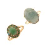 Two 9ct gold green hardstone set dress rings