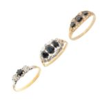 Three 9ct gold gem-set dress rings
