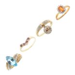 Four 9ct gold and gem-set dress rings